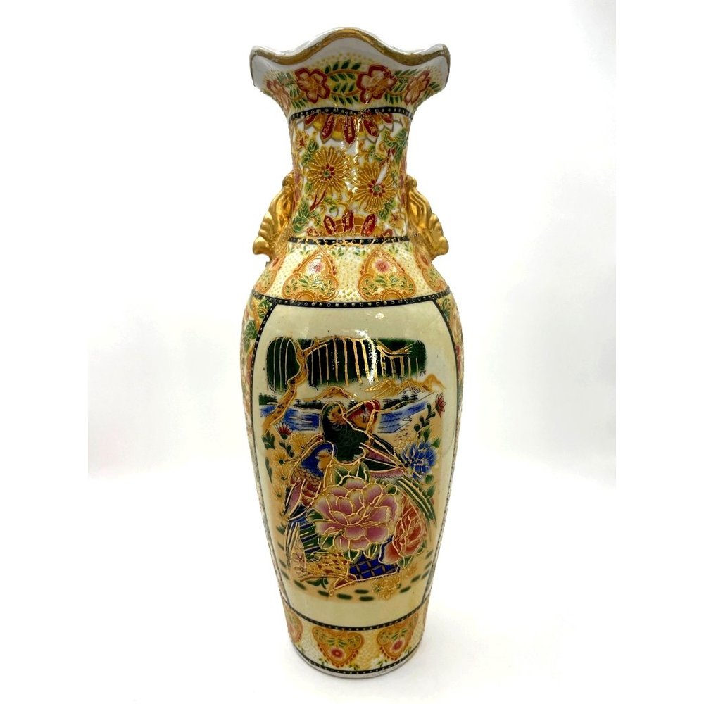 Satsuma Style Gold Hand painted Parrot and Florals Ceramic Vase